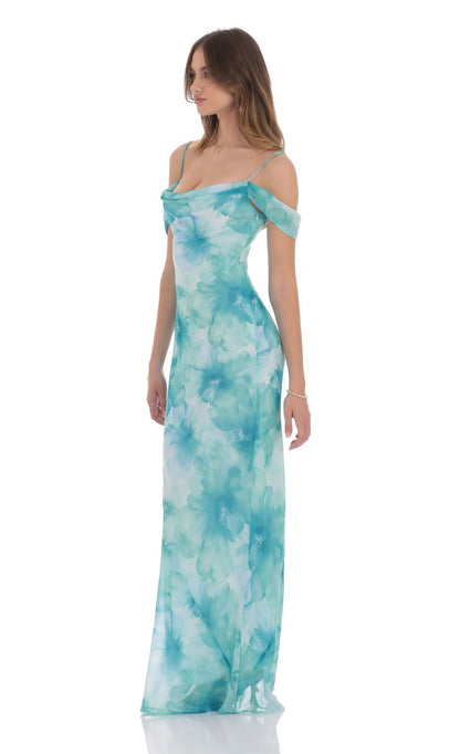 Lucy In The Sky Floral Off Shoulder Maxi Dress in Aquamarine