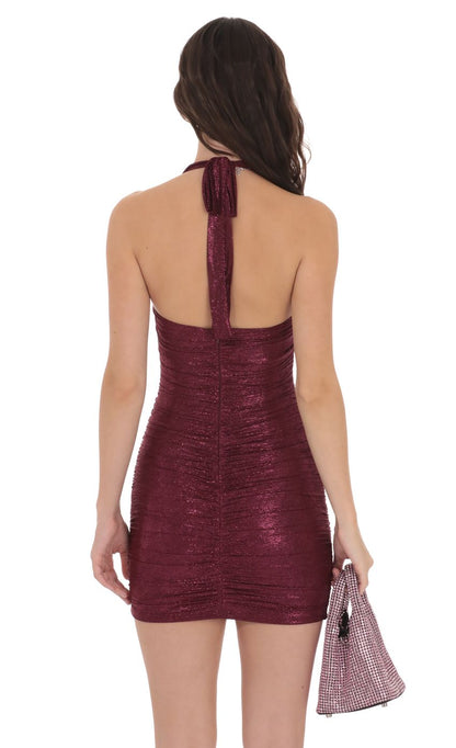 Lucy In The Sky Ruched Foil Mesh Bodycon Dress in Burgundy