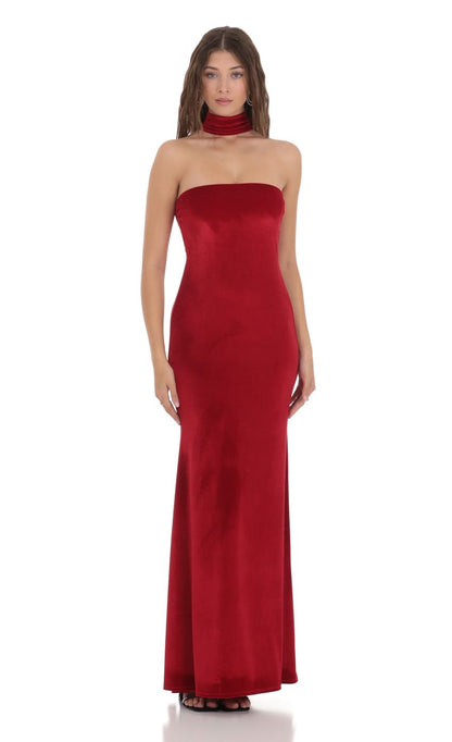 Lucy In The Sky Velvet Reverse Halter Maxi Dress in Red