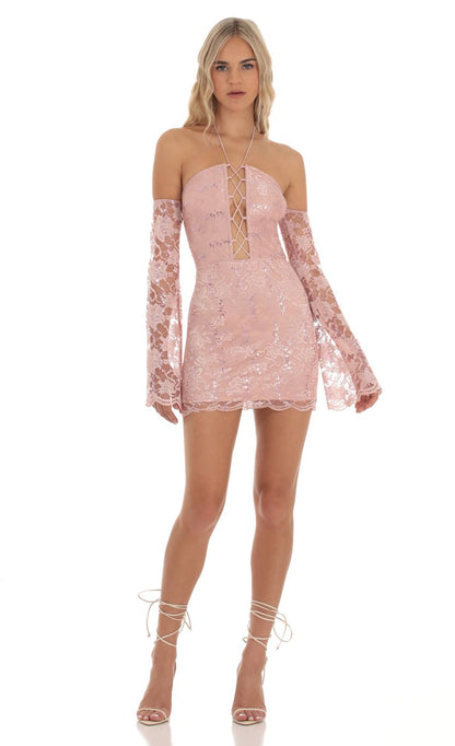 Lucy In The Sky Lace Sequin Off Shoulder Dress in Dusty Rose