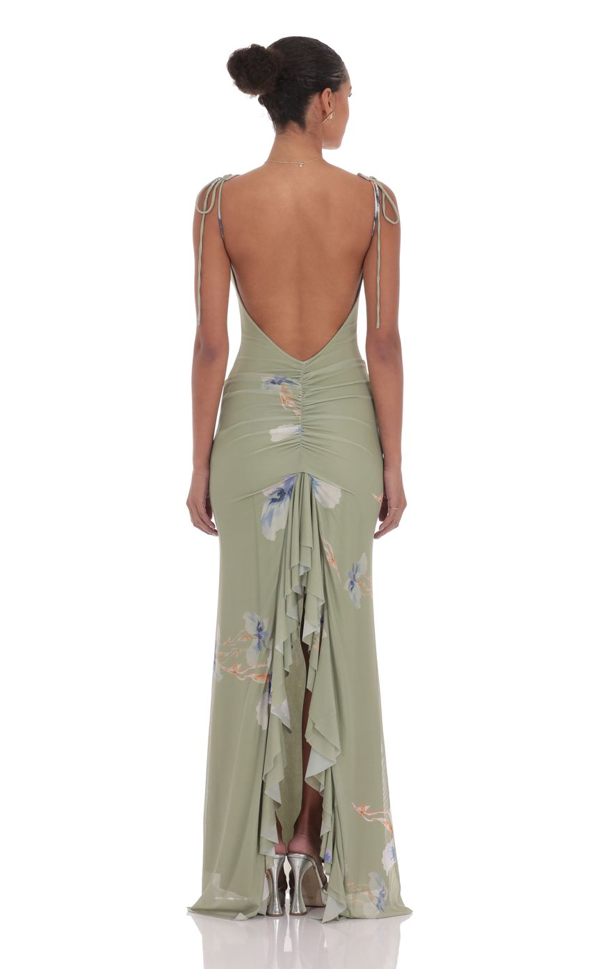 Lucy in the Sky Floral Back Ruffle Maxi Dress in Sage