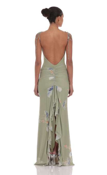 Lucy in the Sky Floral Back Ruffle Maxi Dress in Sage