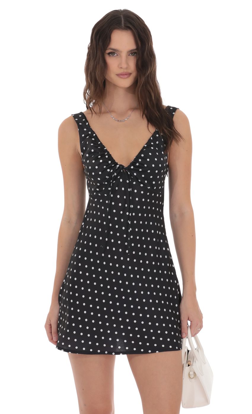Lucy In The Sky Satin Polka Dot V-Neck Dress in Black