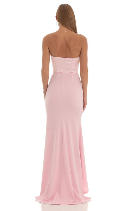 Lucy In The Sky Satin Corset High Low Crepe Maxi Dress in Pink