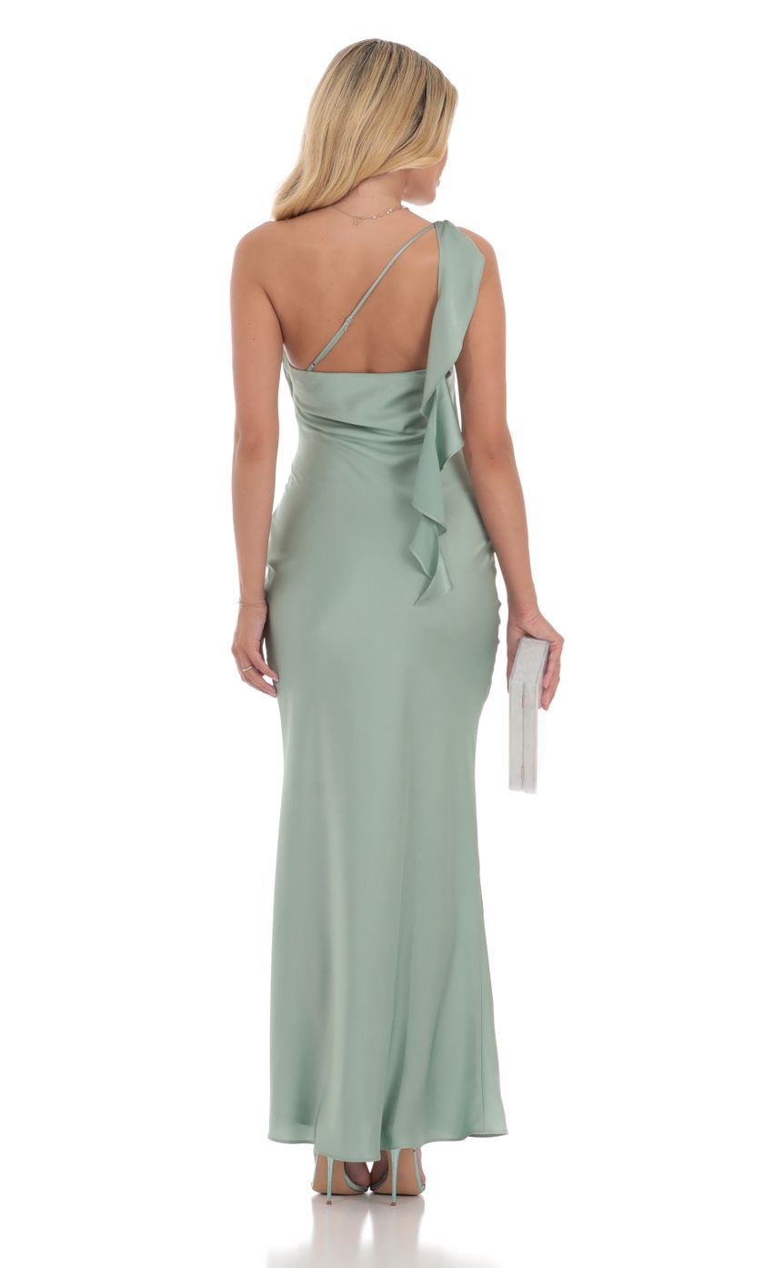 Lucy in the Sky Satin One Shoulder Tassel Maxi Dress in Sage