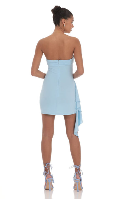 Lucy In The Sky Strapless Ruched Tassel Dress in Blue