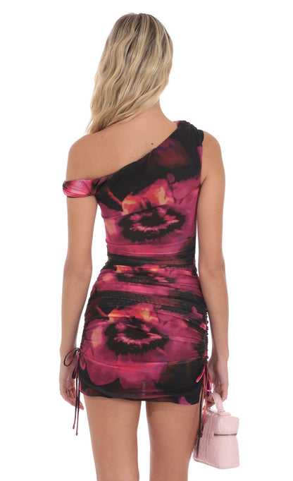 Lucy In The Sky Floral Off Shoulder Ruched Bodycon Dress in Pink and Black