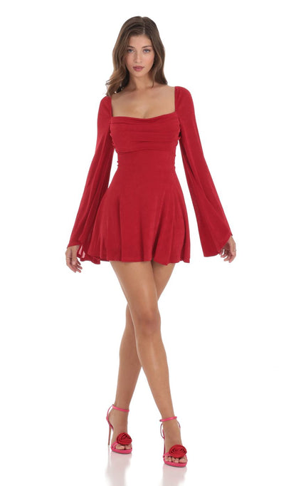 Lucy In The Sky Slinky Flare Sleeve Dress in Red