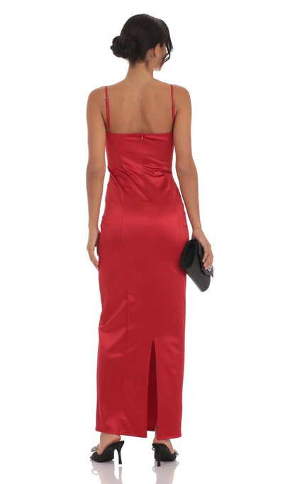 Lucy In The Sky Satin Front Bow Maxi Dress in Red