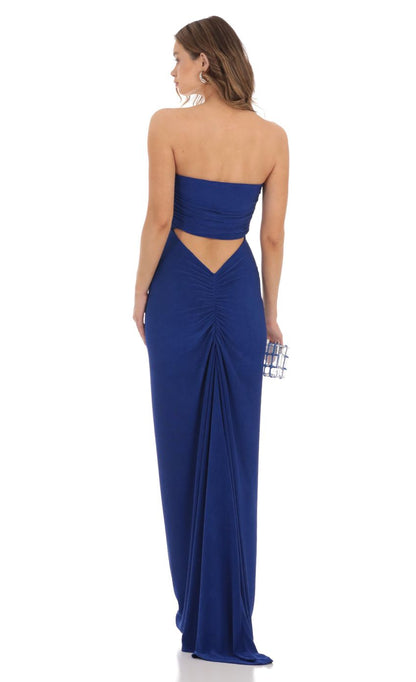 Lucy In The Sky Corset Strapless Maxi Dress in Blue