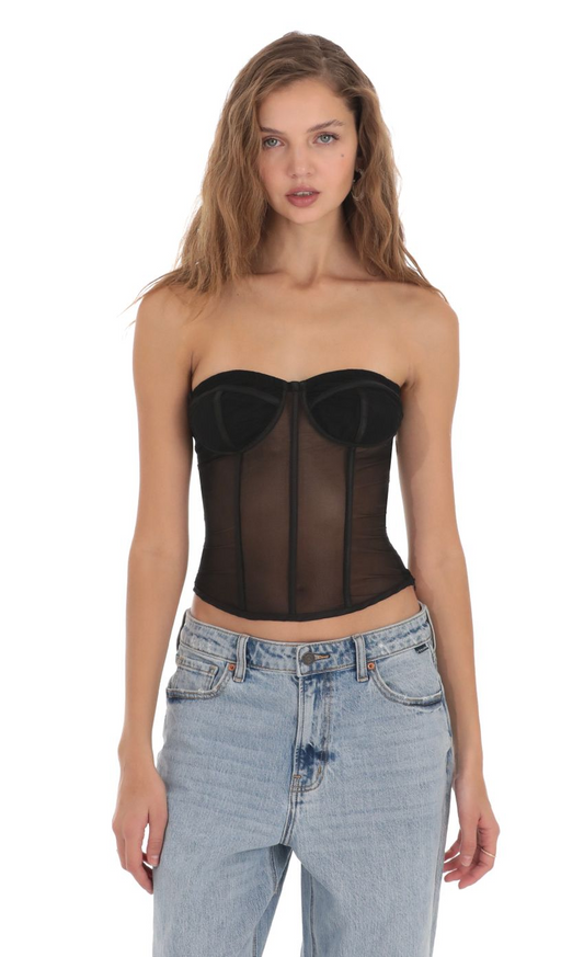 Lucy in the Sky Mesh Corset Strapless Top in Black