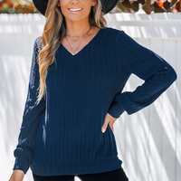 Cupshe Cobalt Blue Ribbed Knit V-Neck Long Sleeve Top (x2)