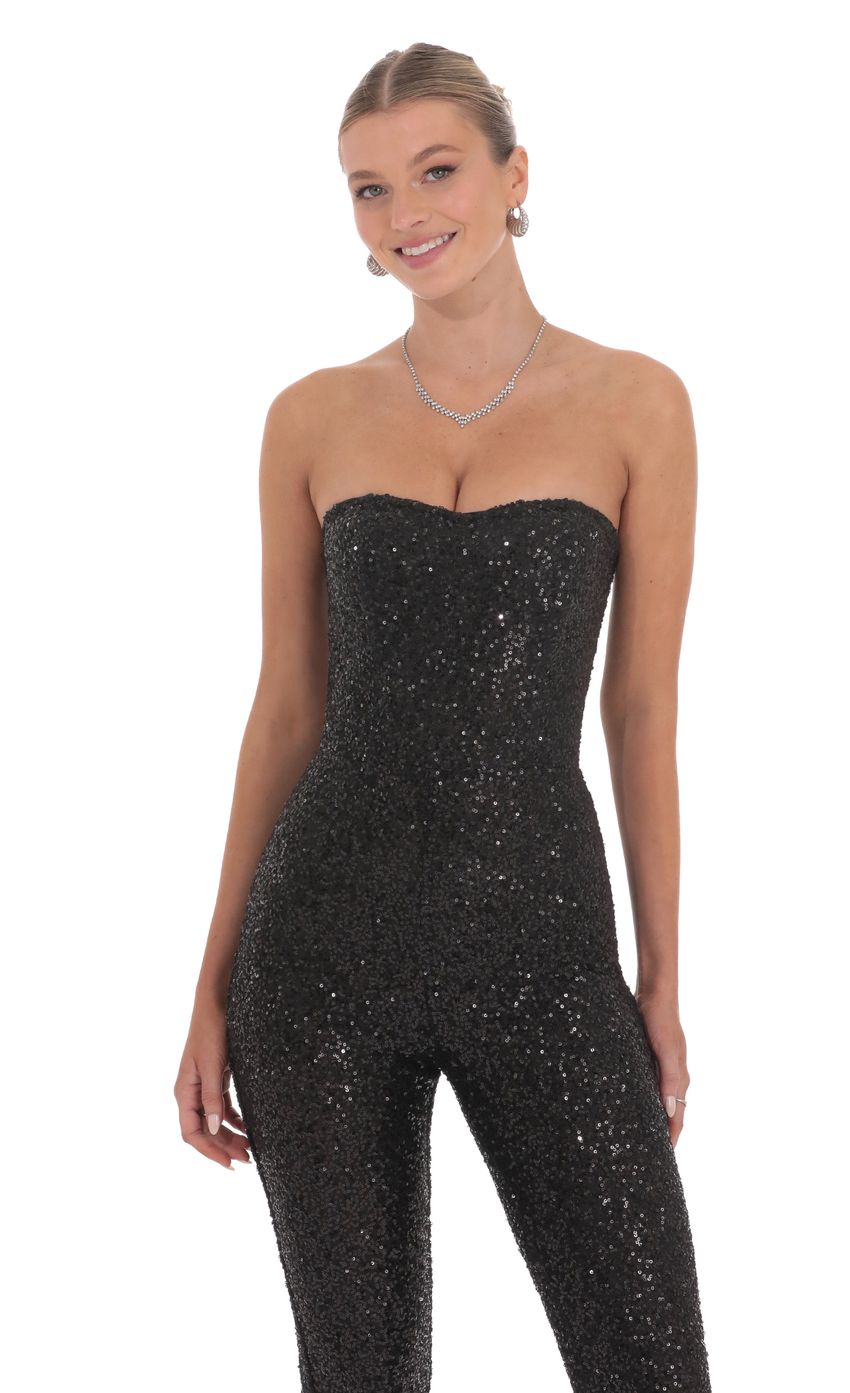 Lucy In The Sky Sequin Strapless Corset Jumpsuit in Black