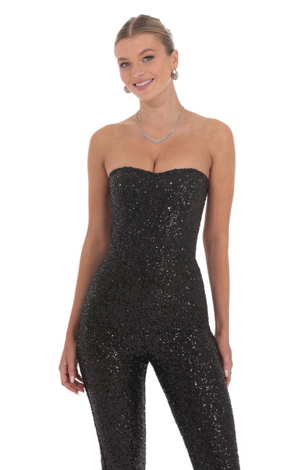 Lucy In The Sky Sequin Strapless Corset Jumpsuit in Black