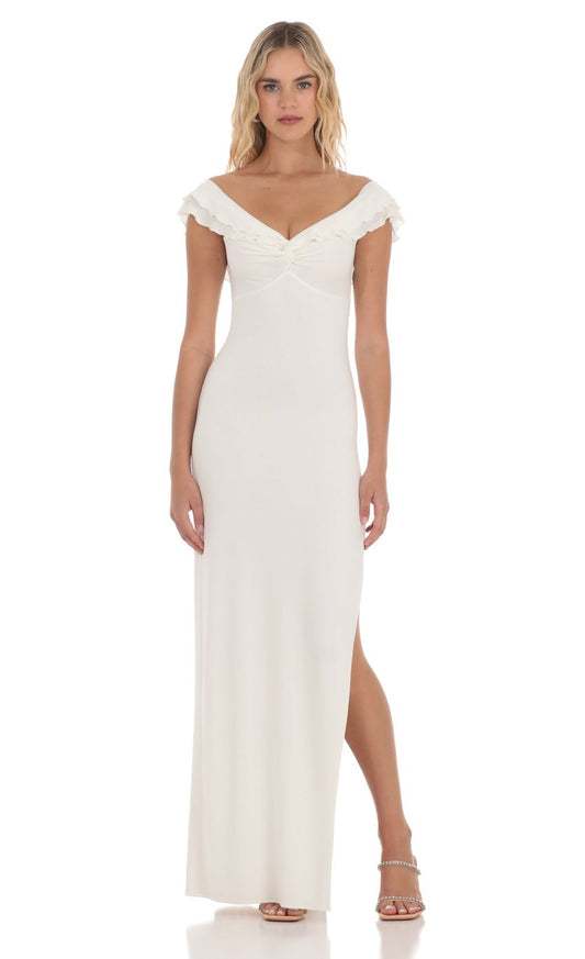 Lucy in the Sky Off Shoulder Twist Maxi Dress in White