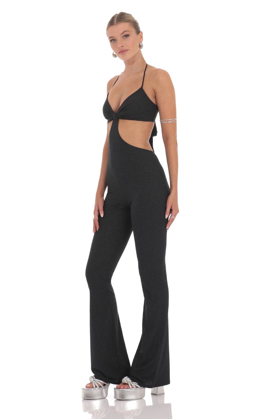 Lucy In The Sky Shimmer Ribbed Cutout Jumpsuit in Black