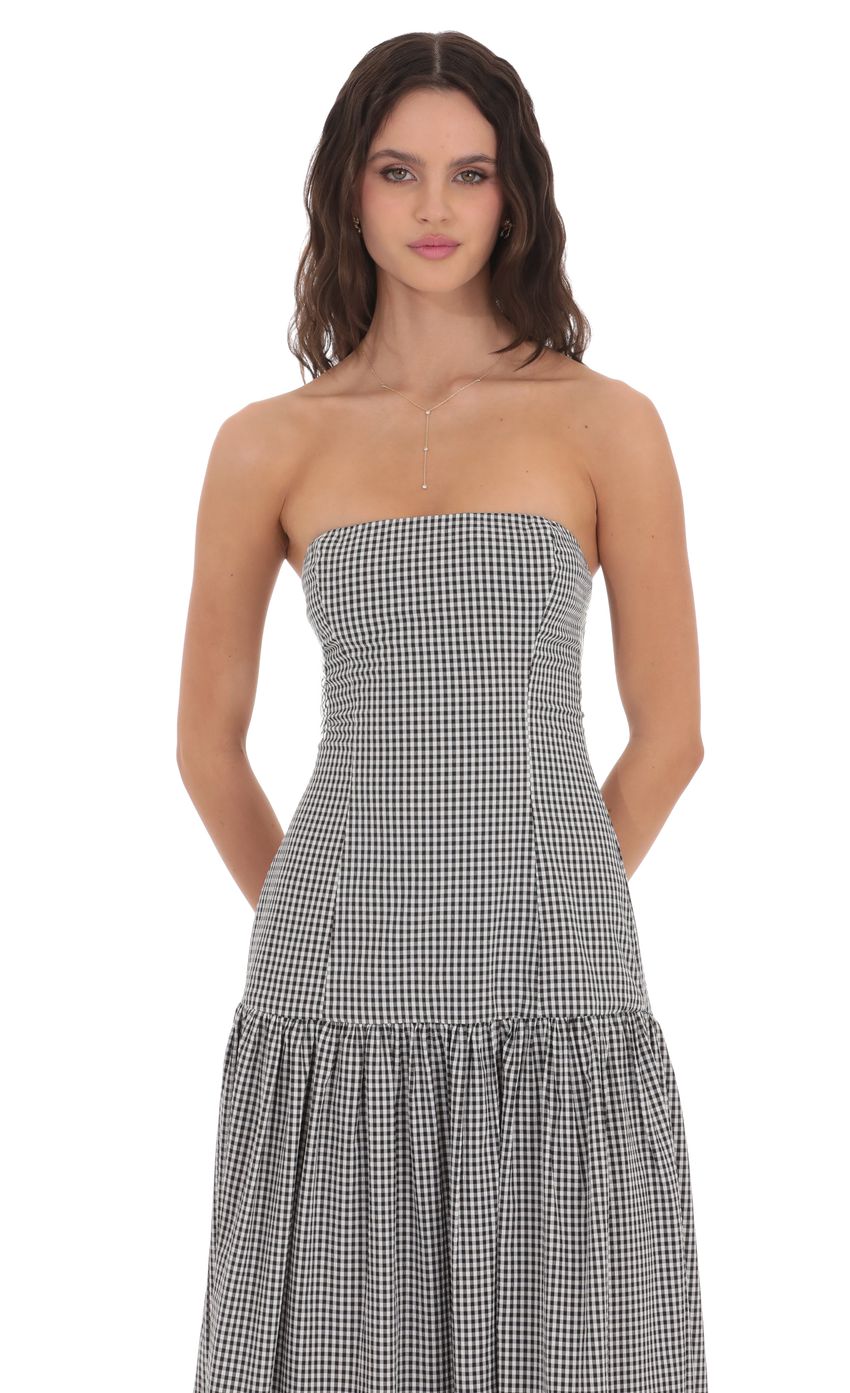 Lucy In The Sky Gingham Strapless Drop Waist Maxi Dress in Black