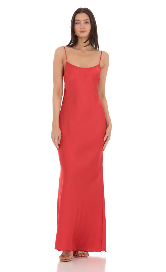 Lucy in the Sky Back Bow Satin Dress in Red