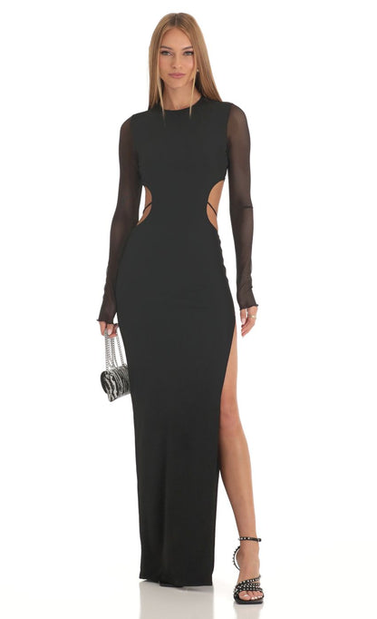 Lucy in the Sky Long Sleeve Sheer Back Dress in Black