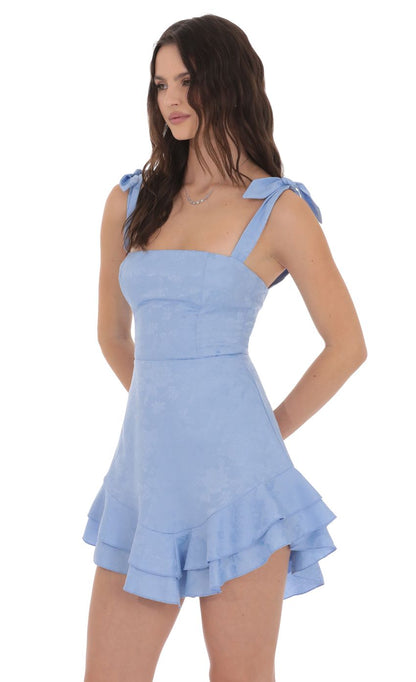 Lucy In The Sky Floral Jacquard Ruffle A-line Dress in Light Blue