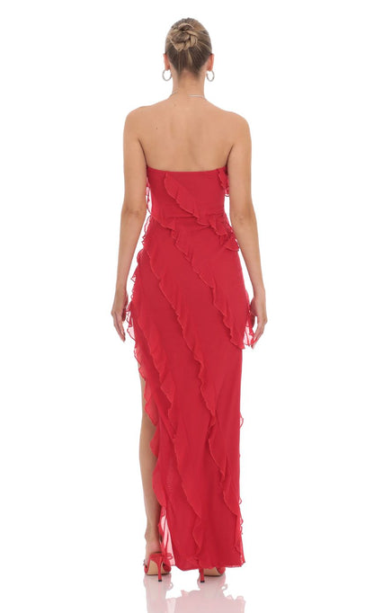 Lucy In The Sky Mesh Ruffle Strapless Maxi Dress in Red
