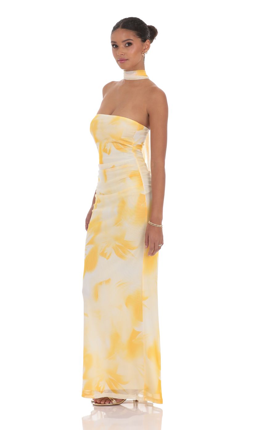 Lucy in the Sky Scarf Mesh Floral Strapless Maxi Dress in Yellow