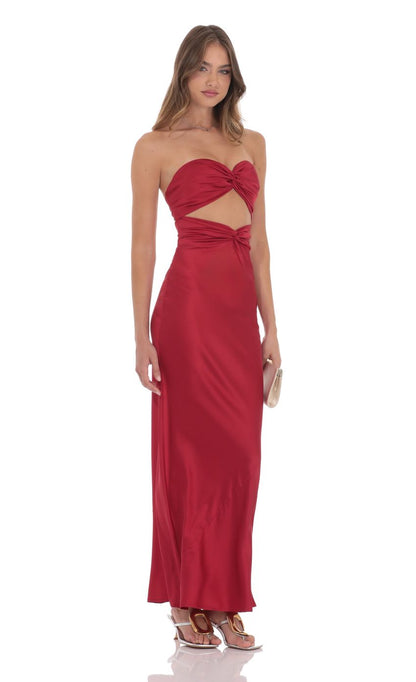 Lucy In The Sky Satin Twist Cutout Maxi Dress in Red