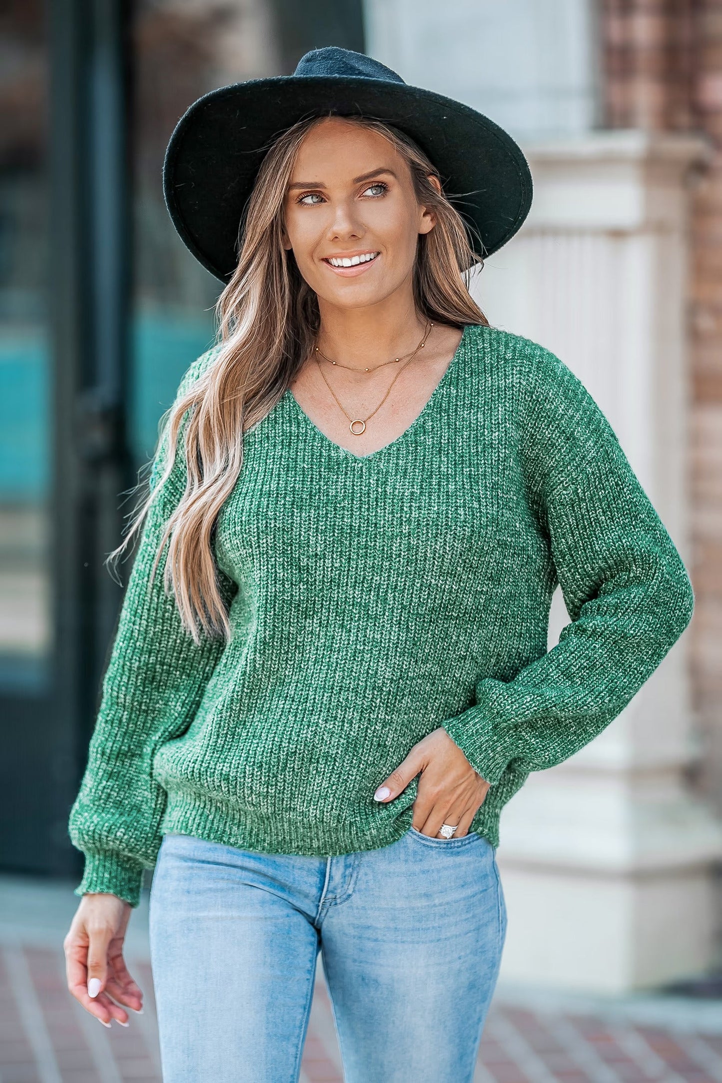 Cupshe Green V-Neck Drop Shoulder Long Sleeve Sweater (x2)