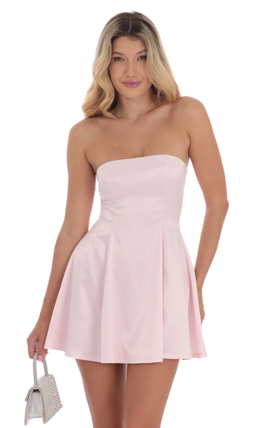 Lucy In The Sky Strapless Satin Fit and Flare Dress in Pink