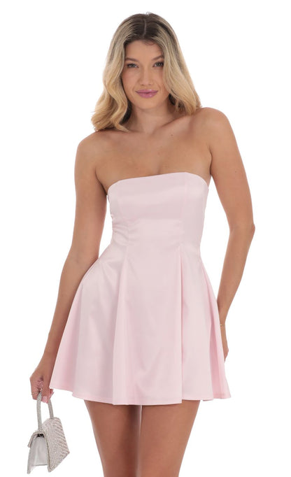 Lucy In The Sky Strapless Satin Fit and Flare Dress in Pink