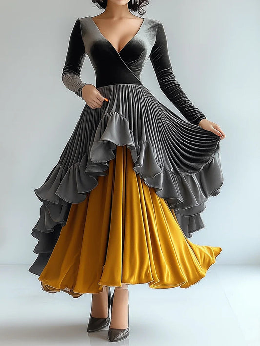 Ursime Velvet Contrast Color Wrap Ruffle Layered Maxi Dress