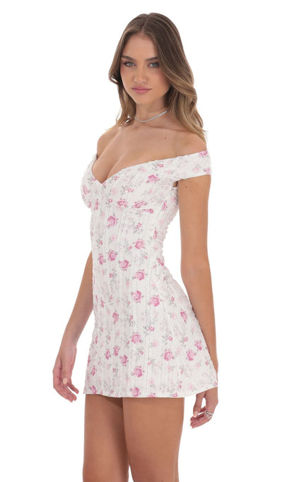 Lucy In The Sky Off Shoulder Lace Floral Dress in White