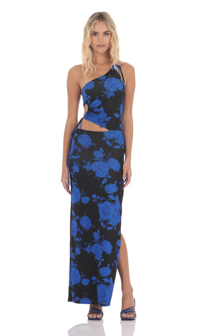Lucy In The Sky Floral One Shoulder Cutout Maxi Dress in Black and Blue
