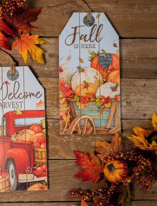 Decorator's Warehouse 16” Wood Harvest Wall Hanging Decor Red Truck & Pumpkins