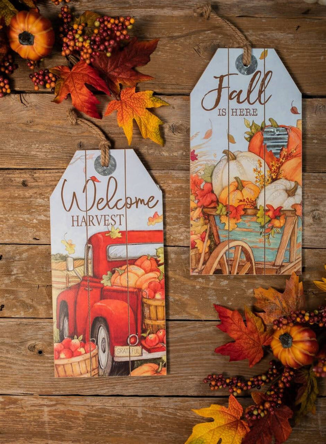 Decorator's Warehouse 16” Wood Harvest Wall Hanging Decor Red Truck & Pumpkins