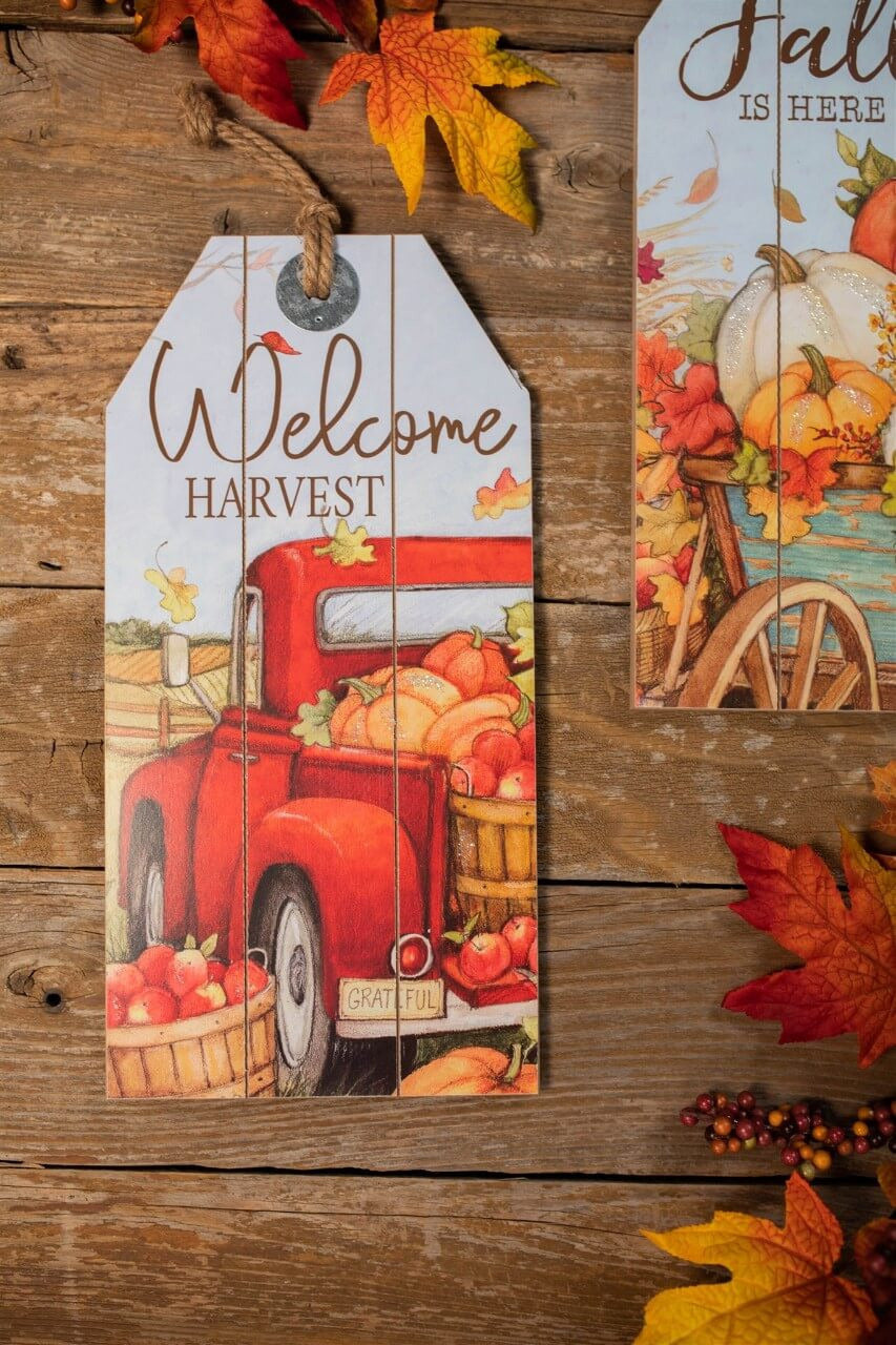 Decorator's Warehouse 16” Wood Harvest Wall Hanging Decor Red Truck & Pumpkins