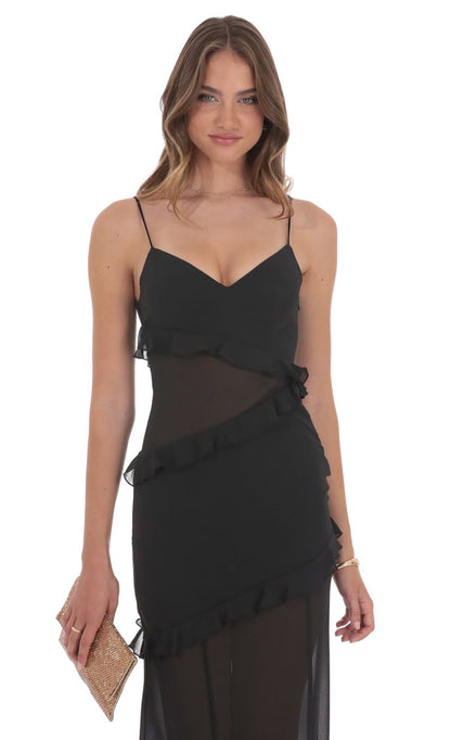 Lucy In The Sky Chiffon Ruffle Cutout Maxi Dress in Black