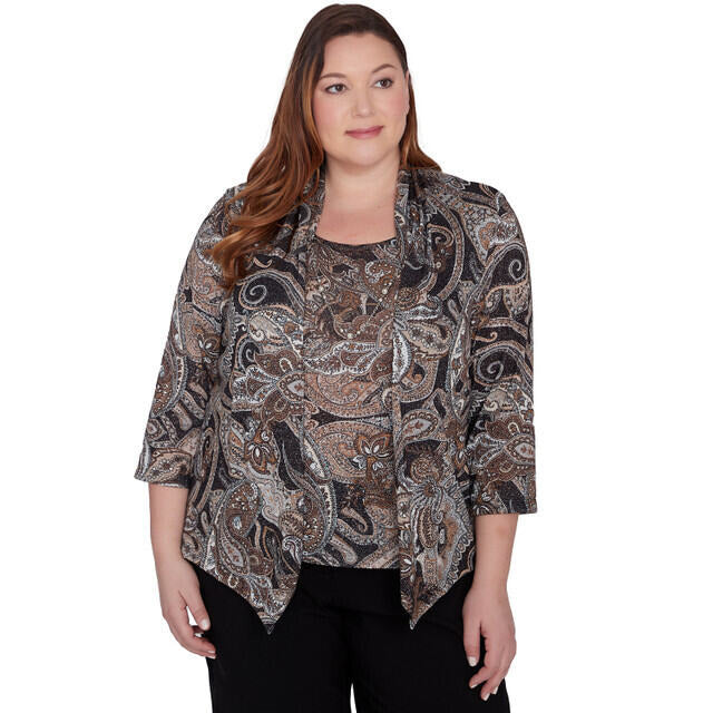 Alfred Dunner Women's Metallic Paisley Two In One Top with Necklace