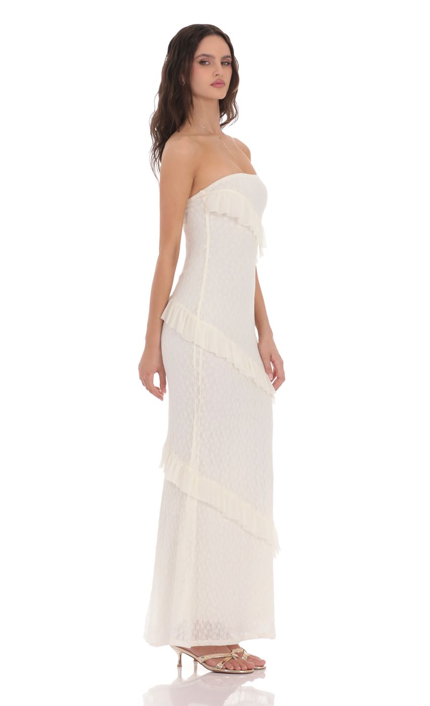 Lucy In The Sky Strapless Lace Ruffle Maxi Dress in Ivory