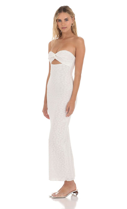 Lucy In The Sky Strapless Textured Floral Twist Maxi Dress in White