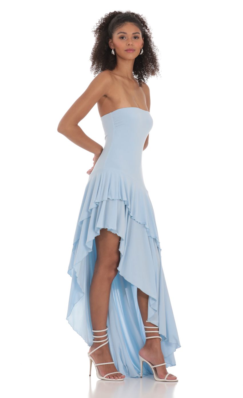 Lucy in the Sky Strapless Ruffle Asymmetrical Maxi Dress in Blue