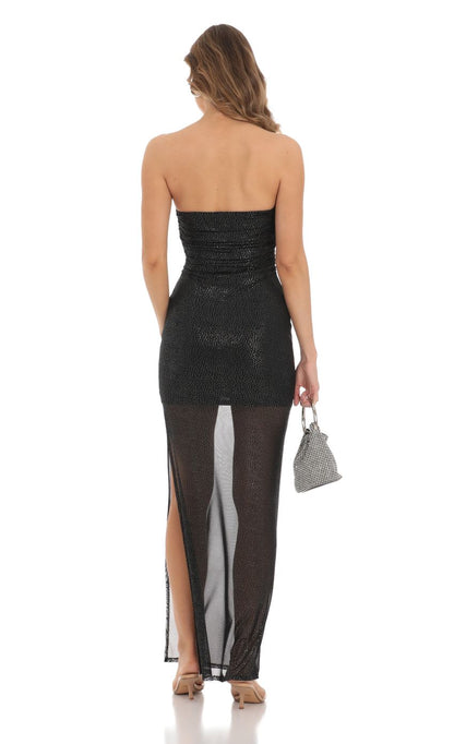 Lucy In The Sky Shimmer Mesh Strapless Maxi Dress in Black