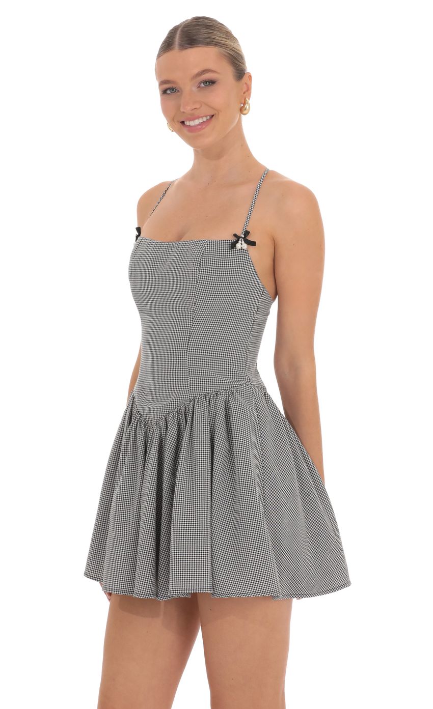 Lucy In The Sky Pearl Charm Flare Dress in Gingham Print