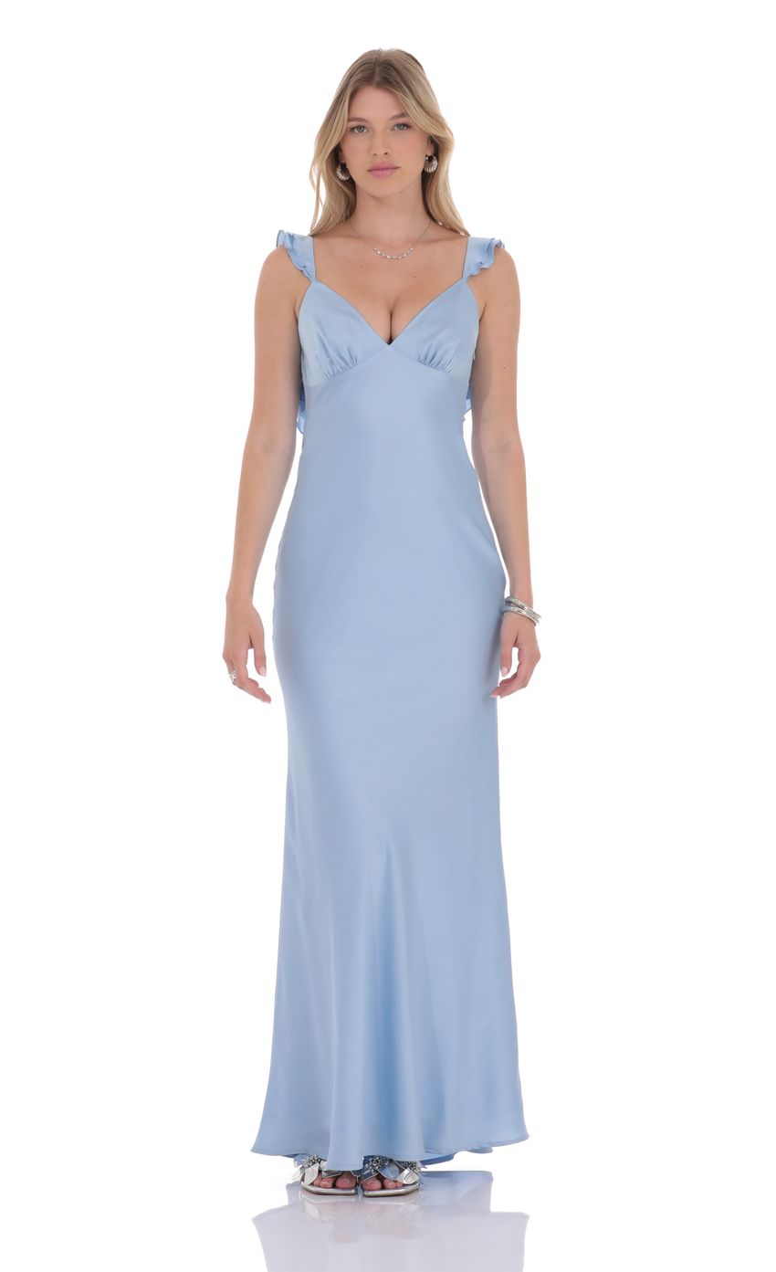 Lucy in the Sky Satin Ruffle Open Maxi Dress in Light Blue