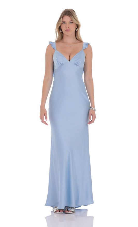 Lucy in the Sky Satin Ruffle Open Maxi Dress in Light Blue