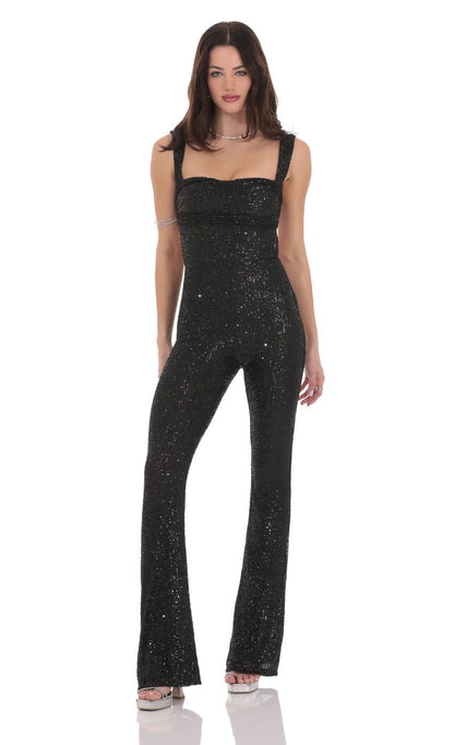 Lucy In The Sky Sequin Back Tie Jumpsuit in Black