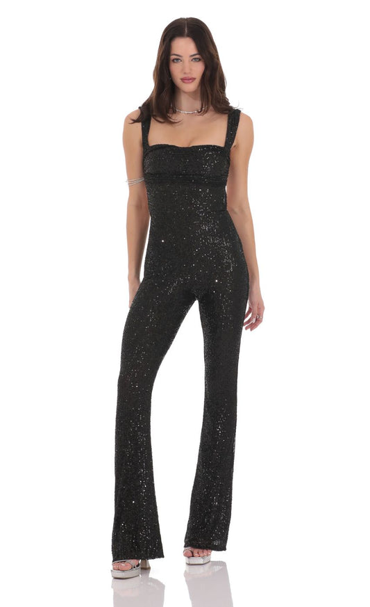 Lucy In The Sky Sequin Back Tie Jumpsuit in Black