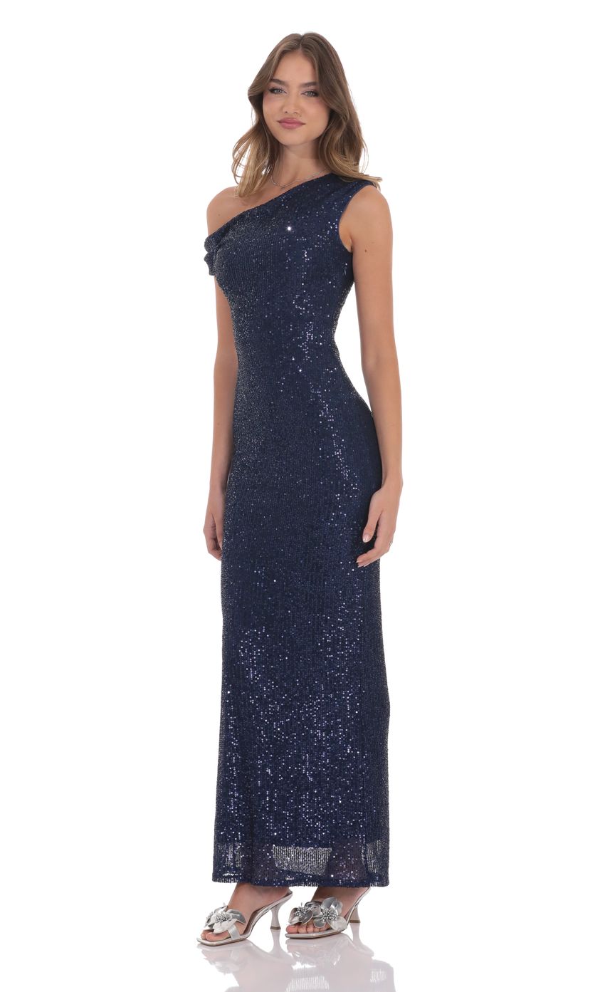 Lucy In The Sky Sequin Off Shoulder Maxi Dress in Navy