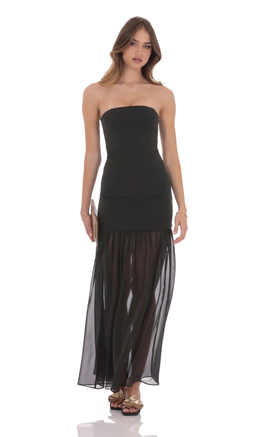 Lucy In The Sky Strapless Chiffon Drop Skirt Maxi Dress in Black