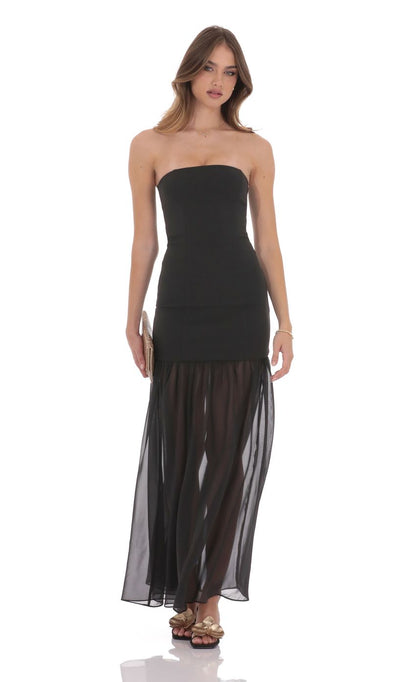 Lucy In The Sky Strapless Chiffon Drop Skirt Maxi Dress in Black